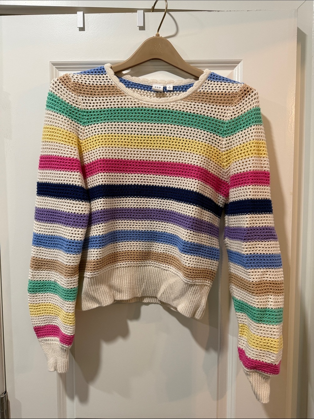 GAP Open-Knit Striped Crewneck Sweater - Cream Multicolor